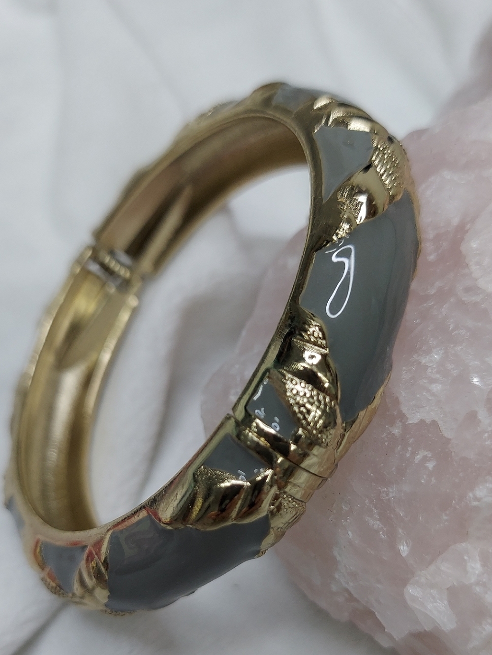 Gold and Gray Enamel Hinged Bangle Bracelet